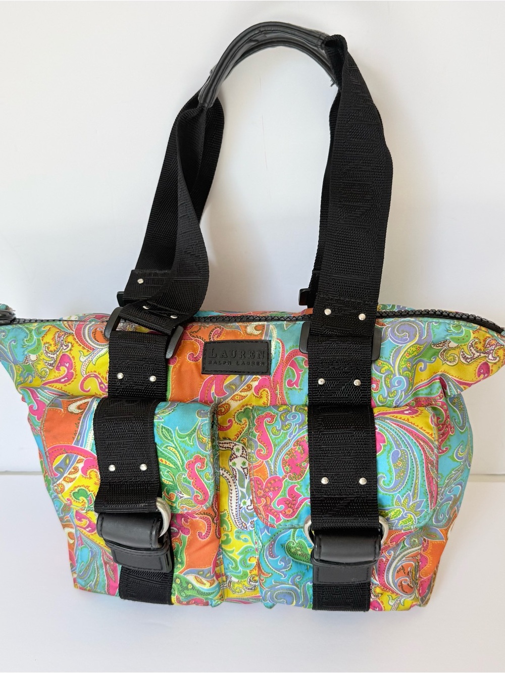 Lauren Ralph Lauren Y2K Psychedelic Paisley Nylon Tote Handbag Multicolor Purse